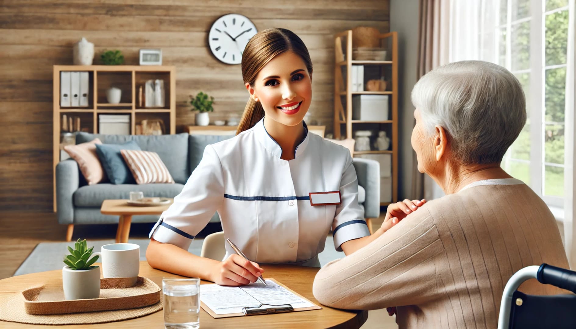 Eine freundliche polnische Pflegekraft in weißer Uniform sitzt an einem Tisch und füllt ein Formular aus, während sie sich mit einer älteren Dame mit weißen Haaren unterhält. Die Seniorin sitzt in einem gemütlichen Wohnzimmer mit Holzwänden, Bücherregalen und einem Sofa im Hintergrund. Ein Symbol für professionelle und herzliche 24-Stunden-Betreuung zu Hause.