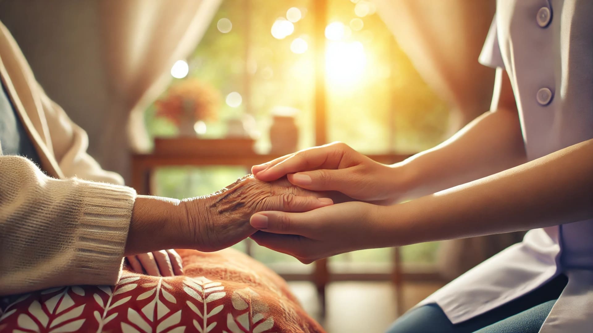 Eine junge Pflegekraft hält sanft die Hand einer älteren Person in einem warm beleuchteten Raum. Im Hintergrund scheint die Sonne durch ein Fenster mit sanft fallenden Vorhängen. Das Bild symbolisiert Fürsorge, Vertrauen und einfühlsame Betreuung im Alter.